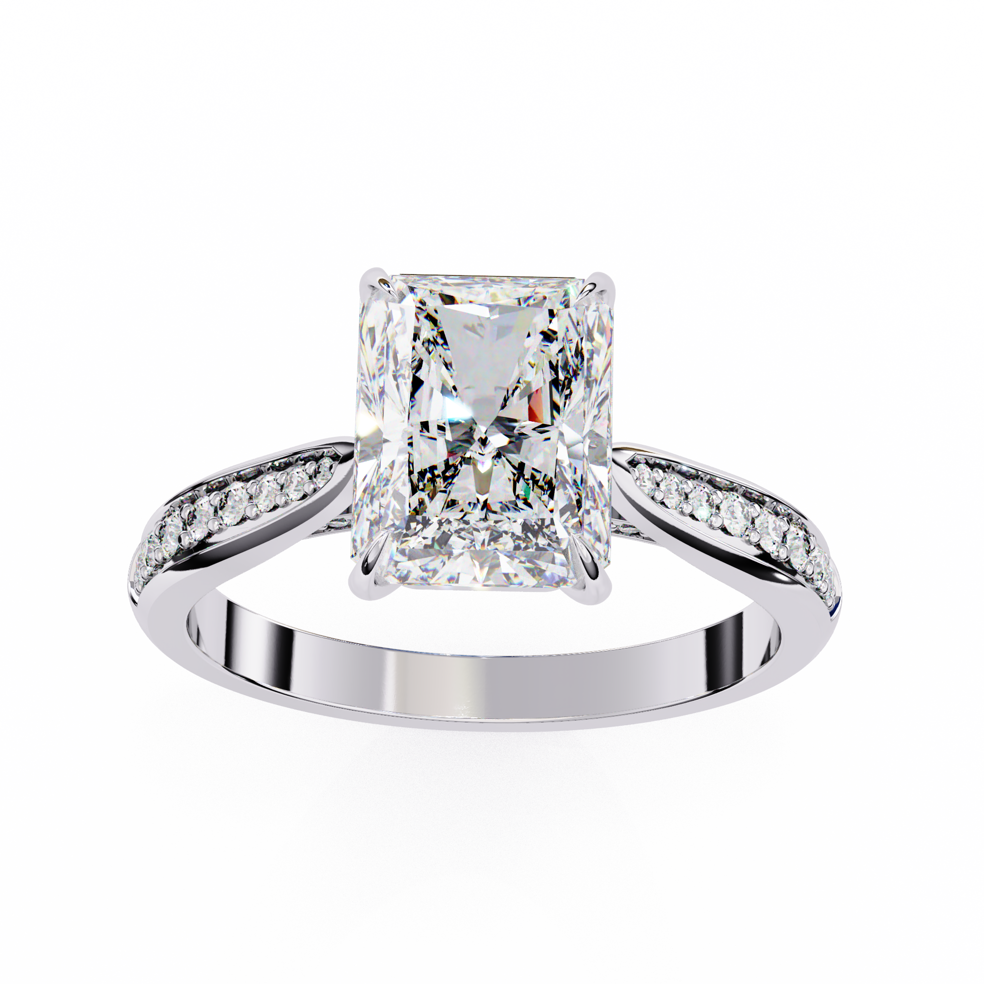 Diamond ring with a large central gemstone and smaller stones on the band against a white background