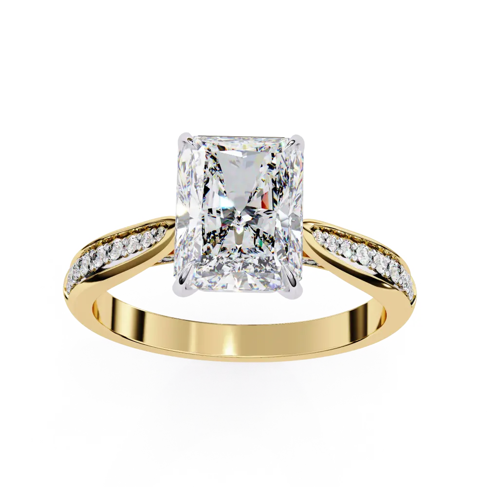 Gold ring with a large diamond and smaller diamonds on the band against a white background