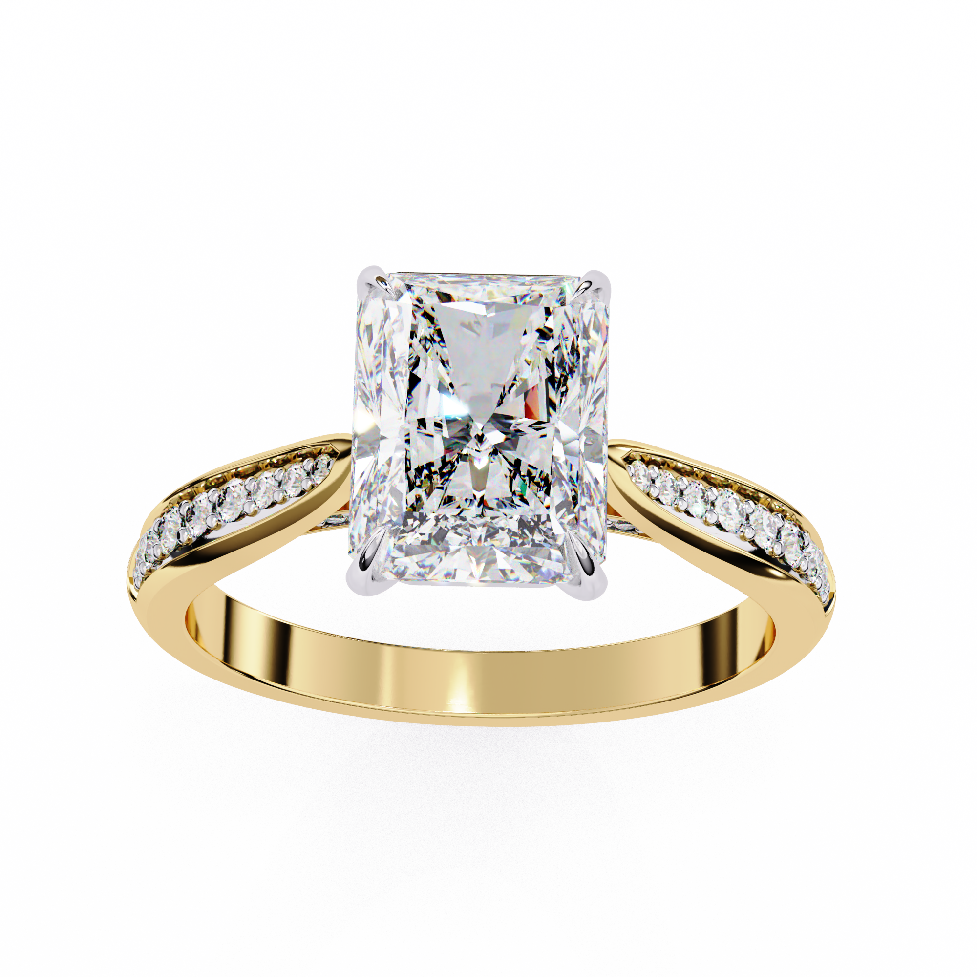 Gold ring with a large diamond and smaller diamonds on the band against a white background