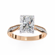Rose gold ring with a large diamond and smaller diamonds on the band against a white background