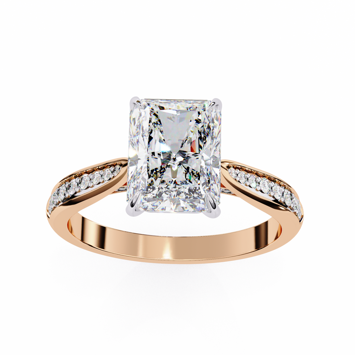 Rose gold ring with a large diamond and smaller diamonds on the band against a white background