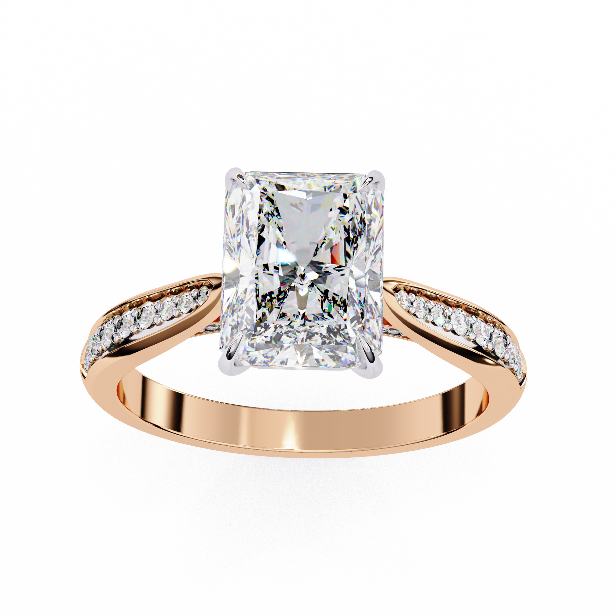 Rose gold ring with a large diamond and smaller diamonds on the band against a white background