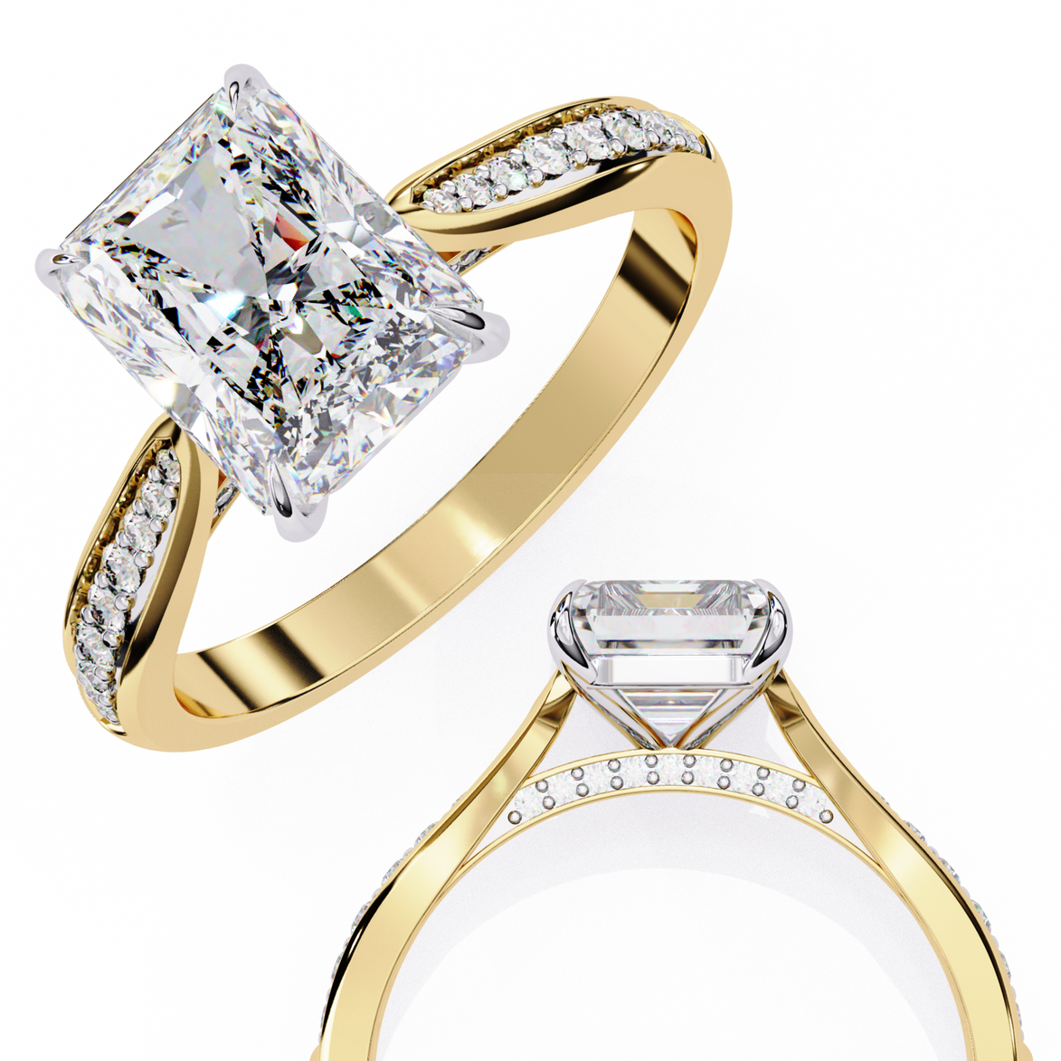 Two gold rings with diamond-studded bands on a white background