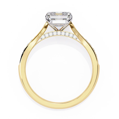 Gold ring with a diamond on a white background