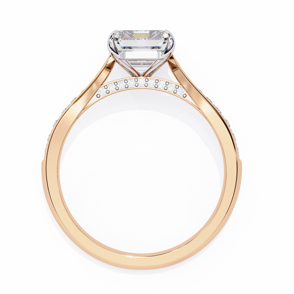 Rose gold ring with a large diamond and smaller diamonds on the band against a white background