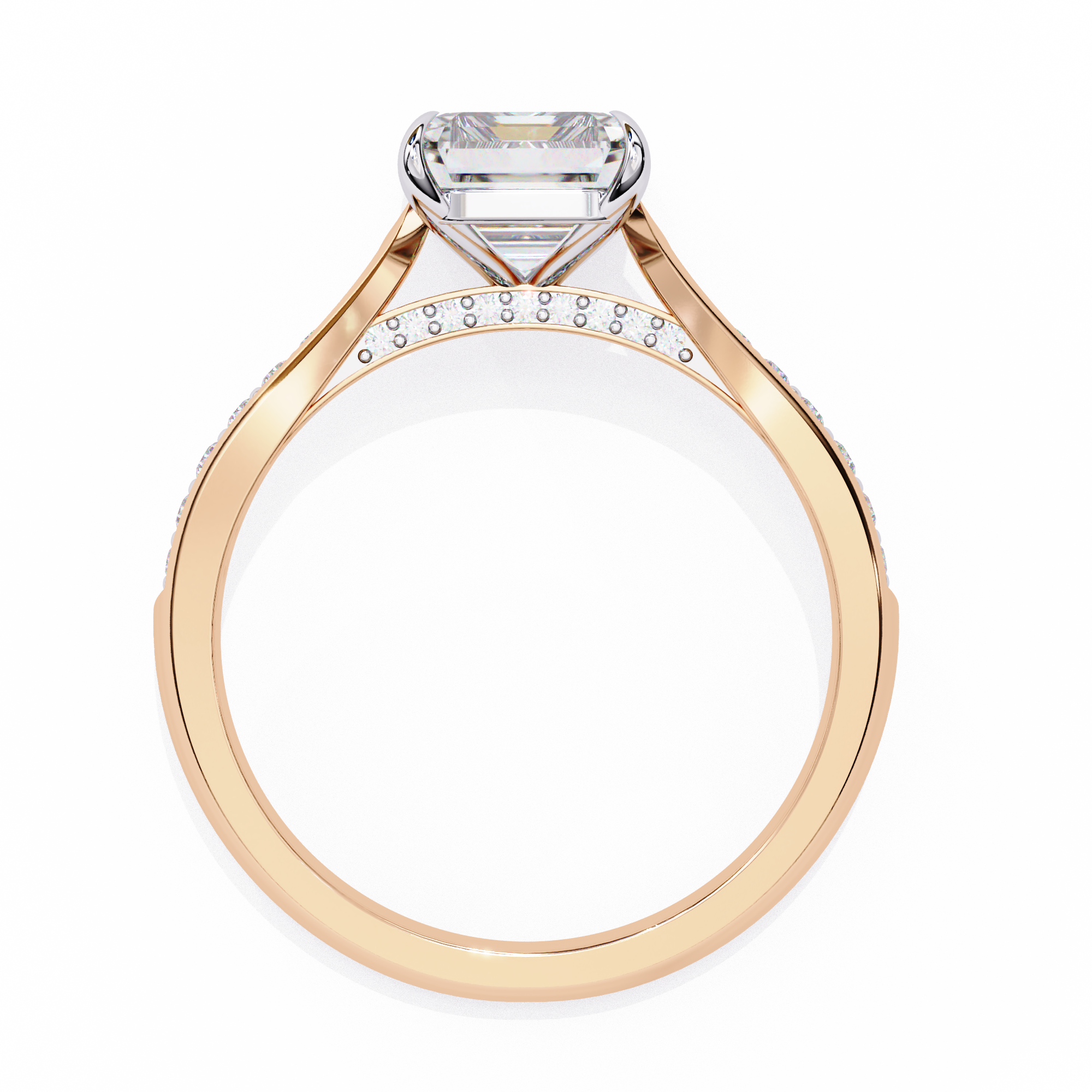 Rose gold ring with a large diamond and smaller diamonds on the band against a white background