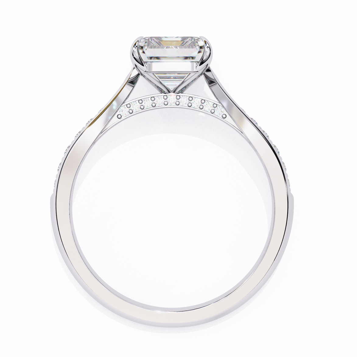 Silver ring with a large diamond and smaller diamonds on the band against a white background