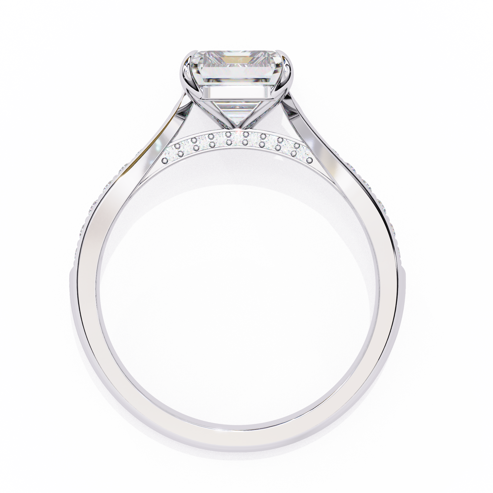 Silver ring with a large diamond and smaller diamonds on the band against a white background
