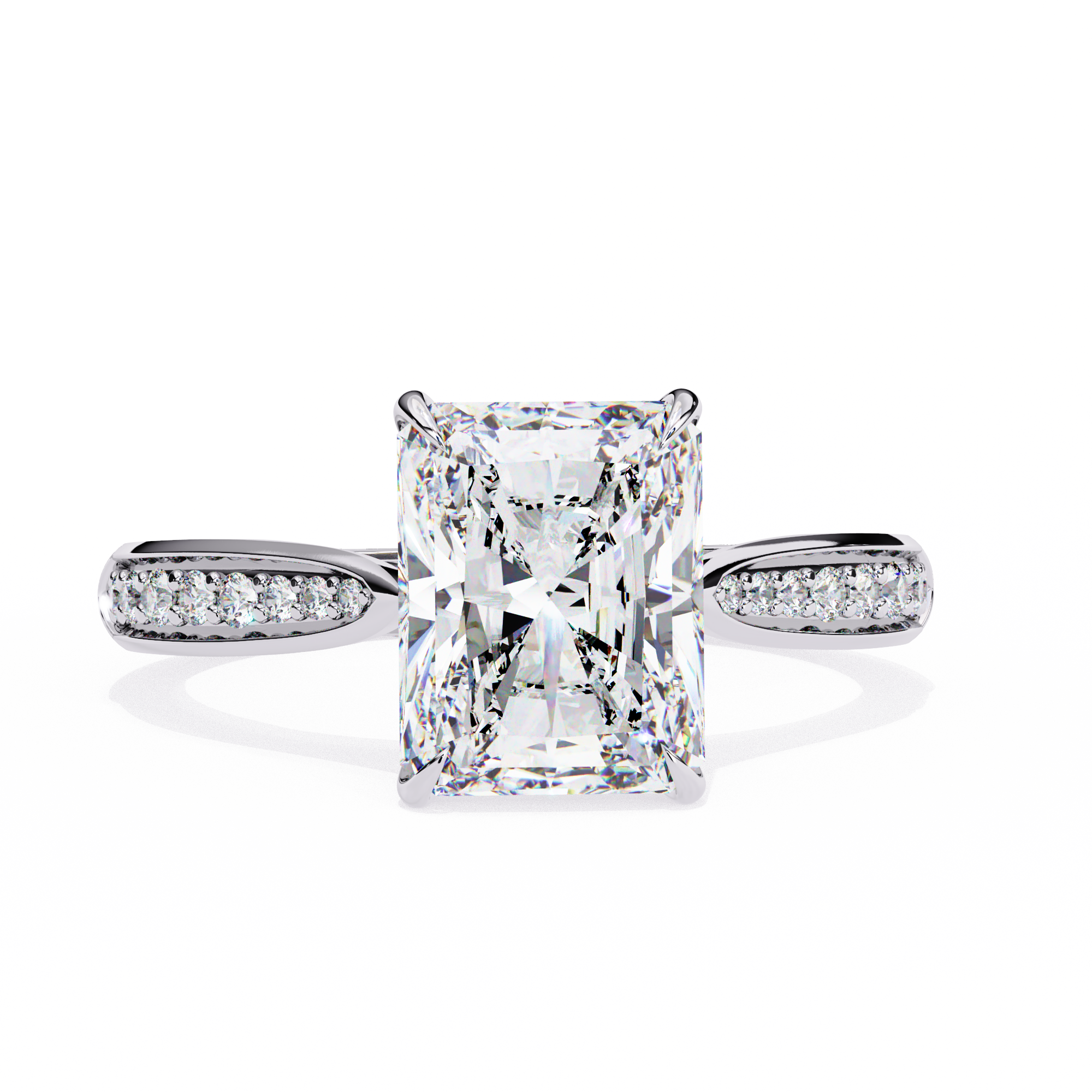 Diamond ring with a rectangular center stone on a white background