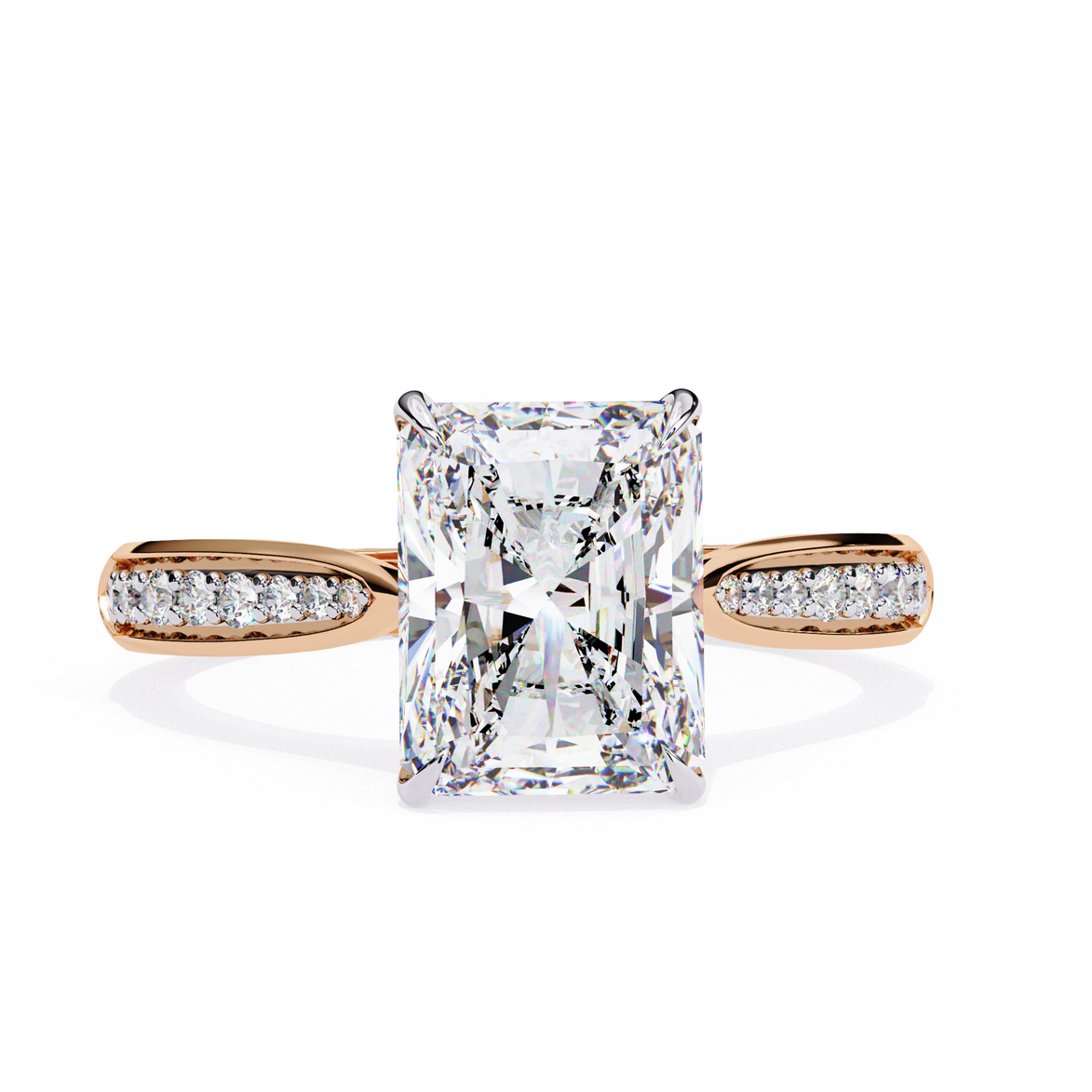 Gold ring with a large diamond and smaller diamonds on the band against a white background