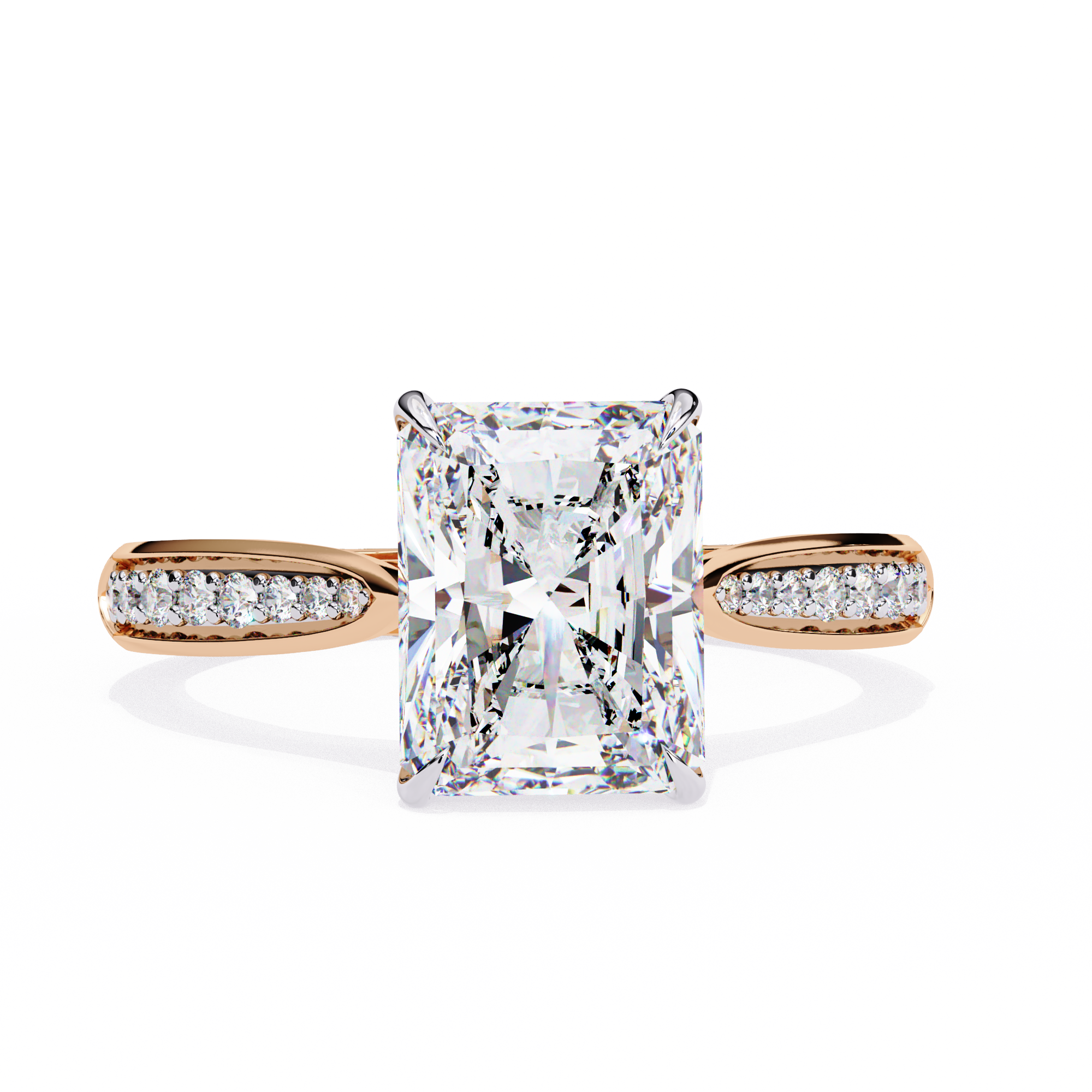 Gold ring with a large diamond and smaller diamonds on the band against a white background