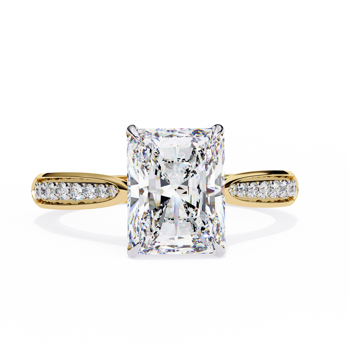 Gold ring with a large diamond and smaller diamonds on the band against a white background