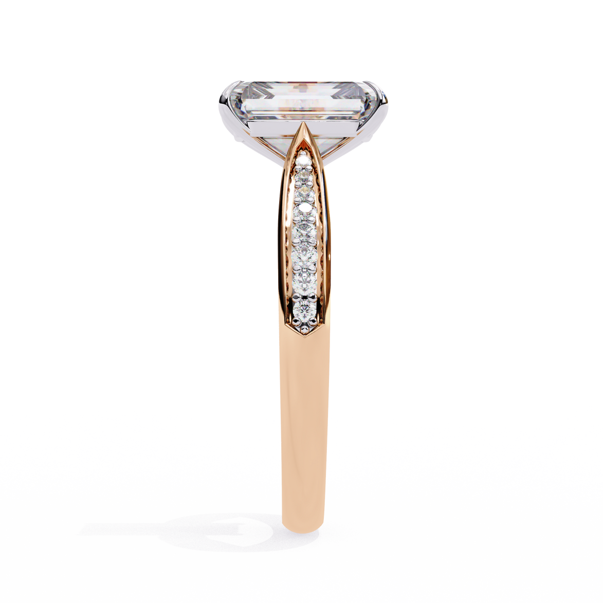 Rose gold ring with a large diamond and smaller diamonds on the band against a white background