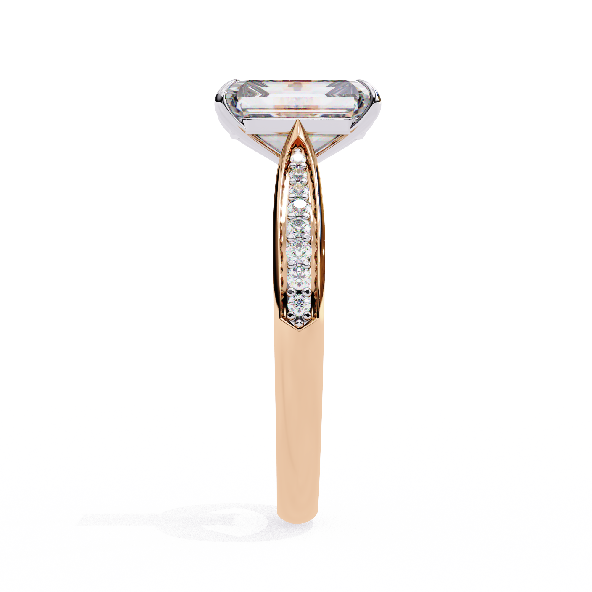 Rose gold ring with a large diamond and smaller diamonds on the band against a white background