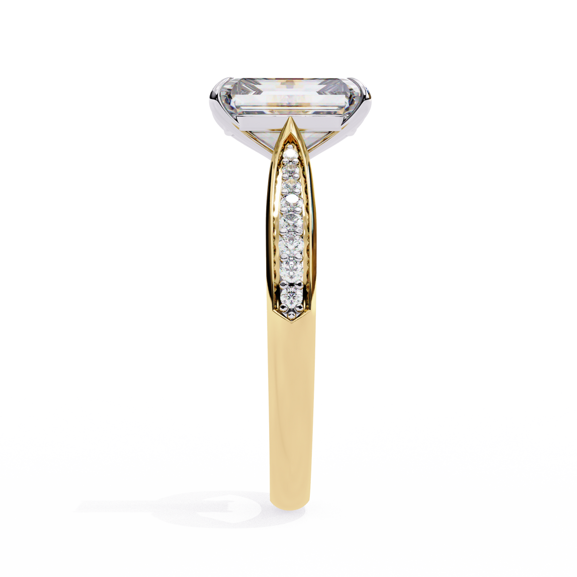 Gold ring with a large diamond and smaller diamonds on the band against a white background