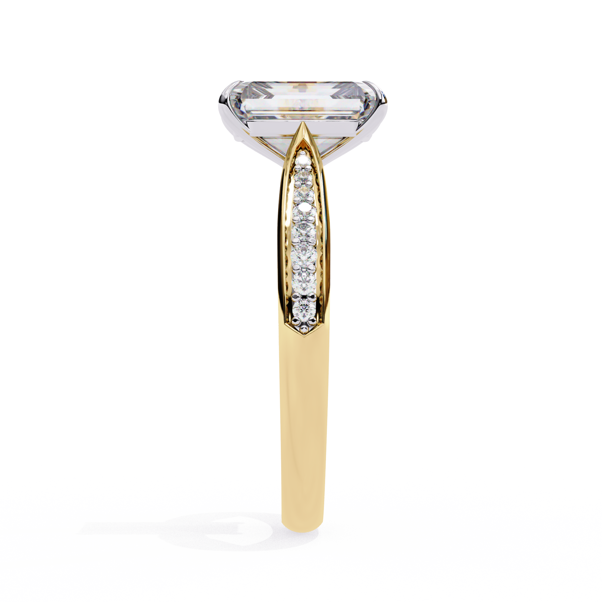 Gold ring with a large diamond and smaller diamonds on the band against a white background