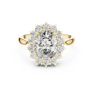 oval diamond scalloped halo engagement ring in yellow gold
