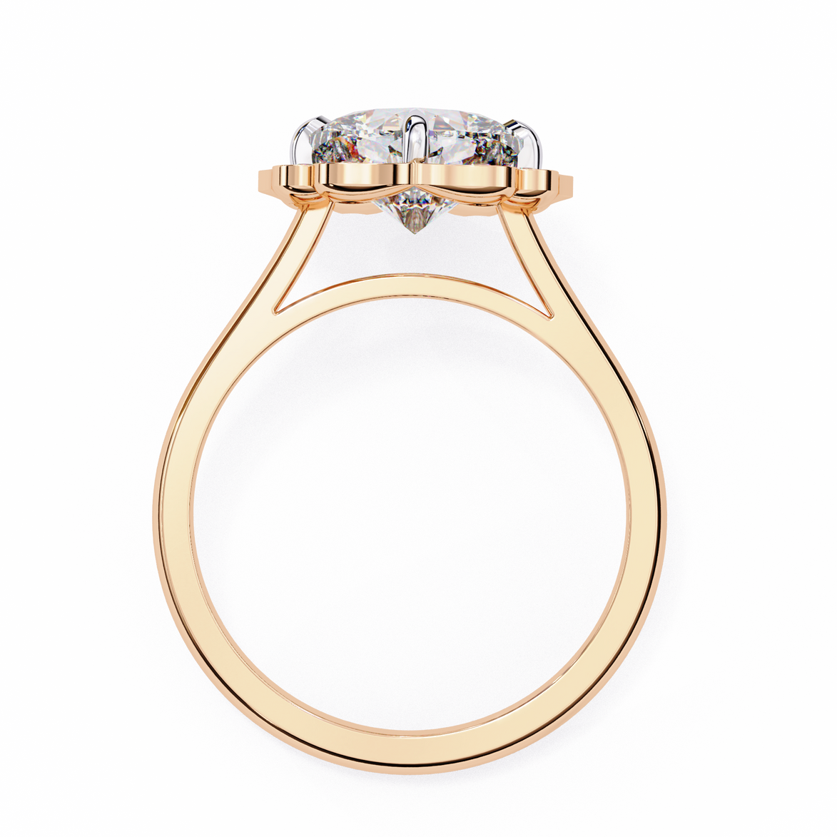 Rose gold ring with a diamond on a white background