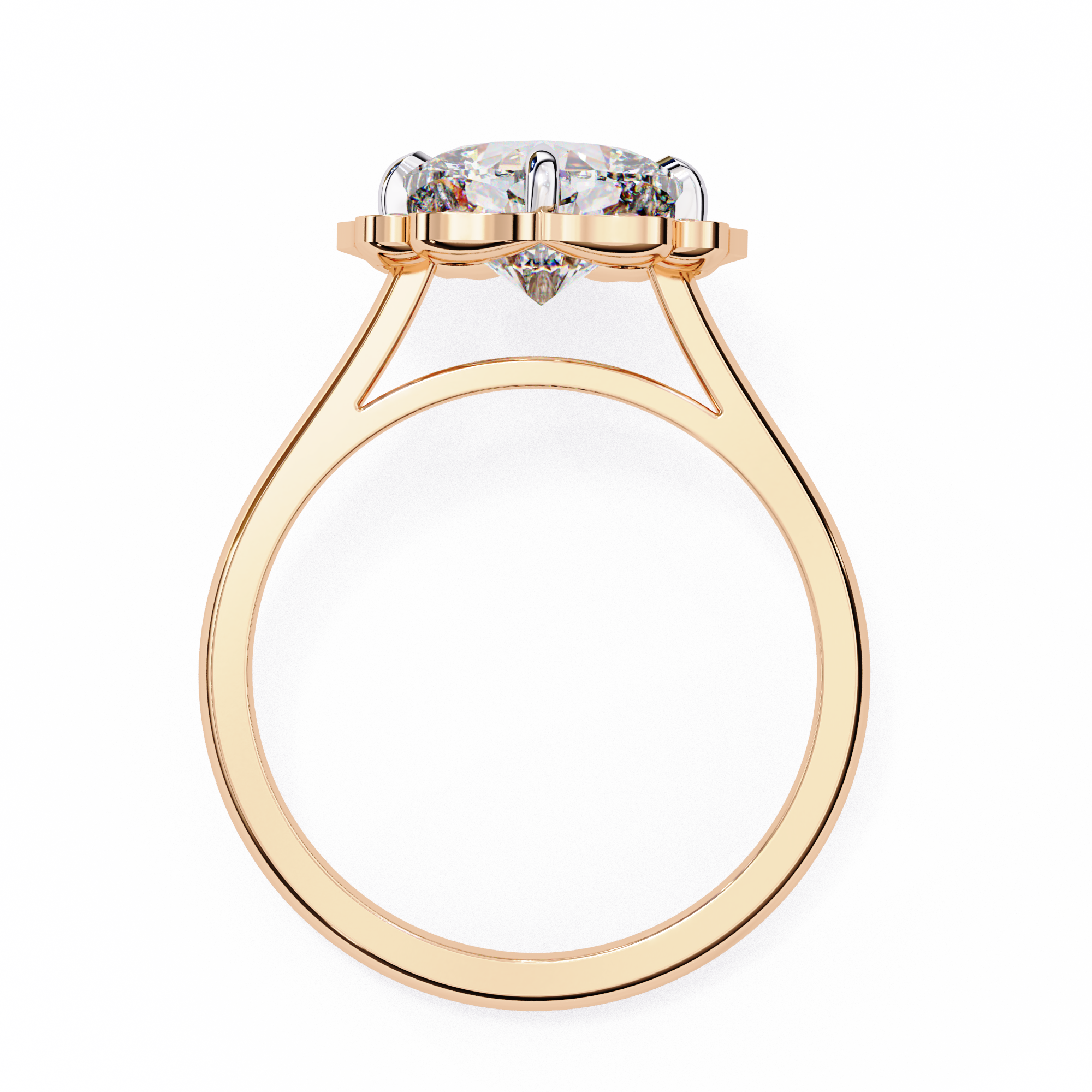 Rose gold ring with a diamond on a white background