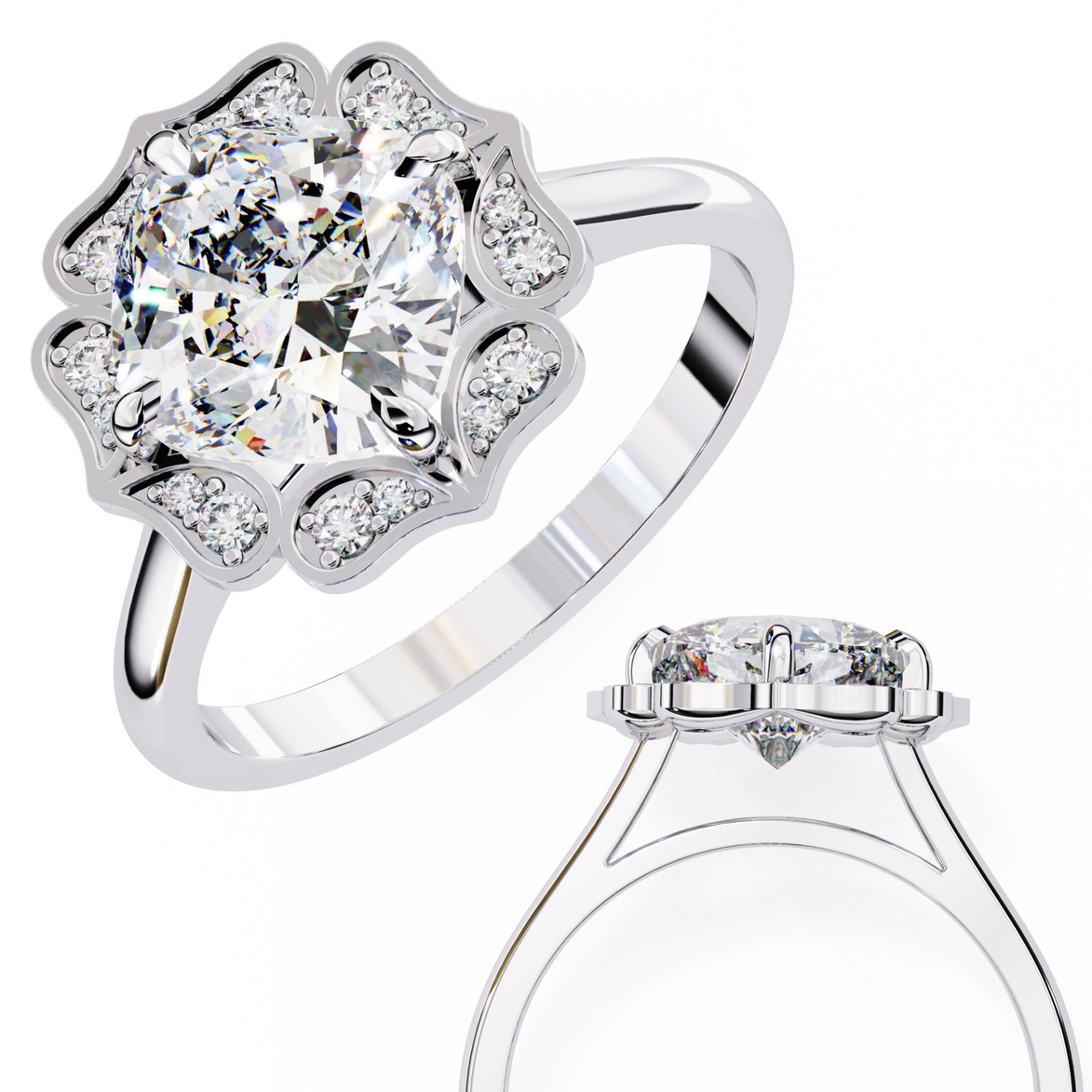 Silver ring with floral design and clear gemstone on a white background