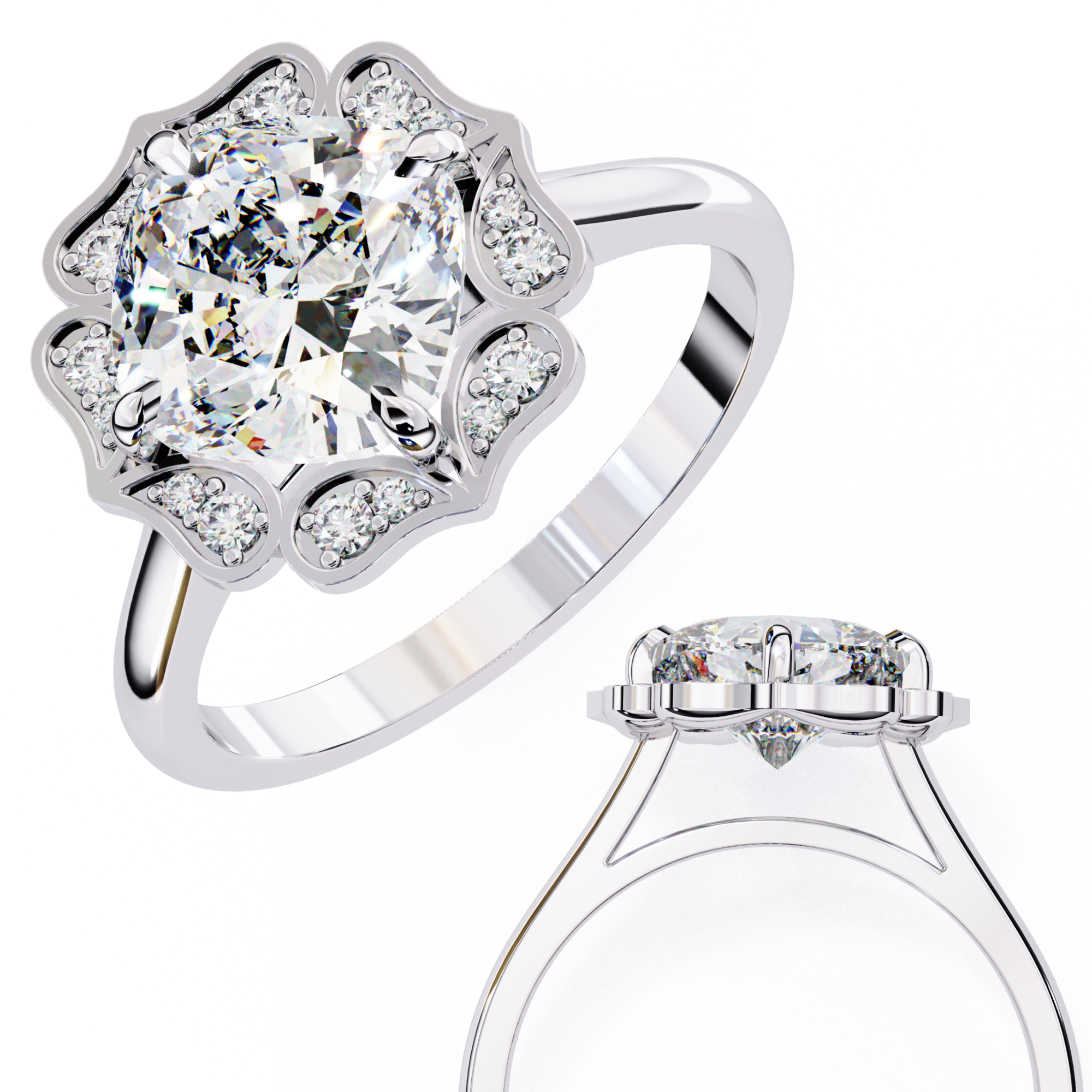 Silver ring with floral design and clear gemstone on a white background