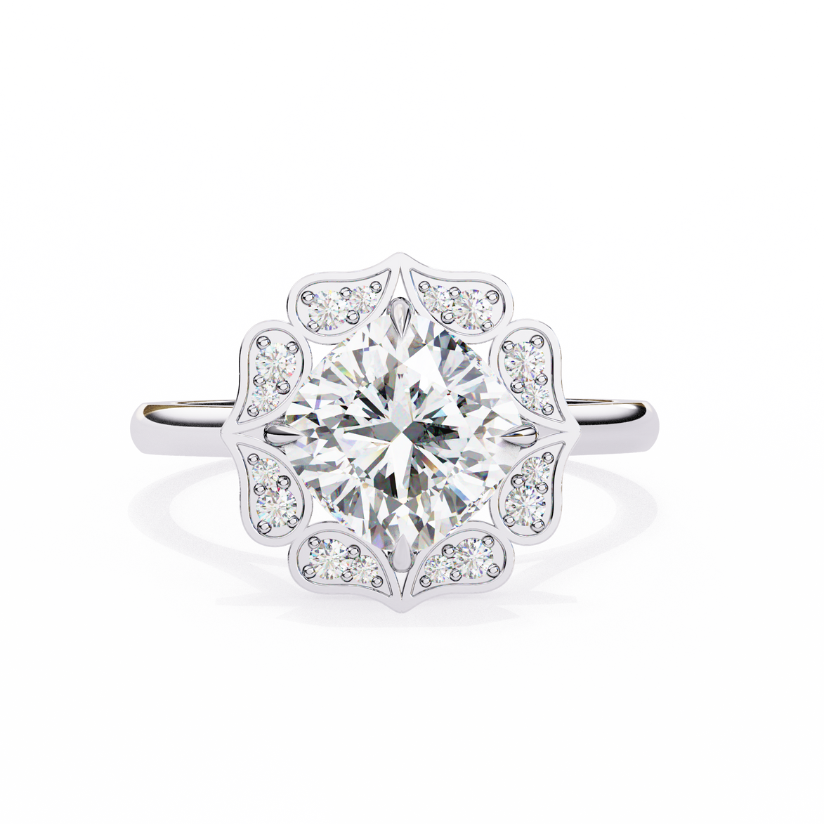Diamond ring with a floral halo on a white background