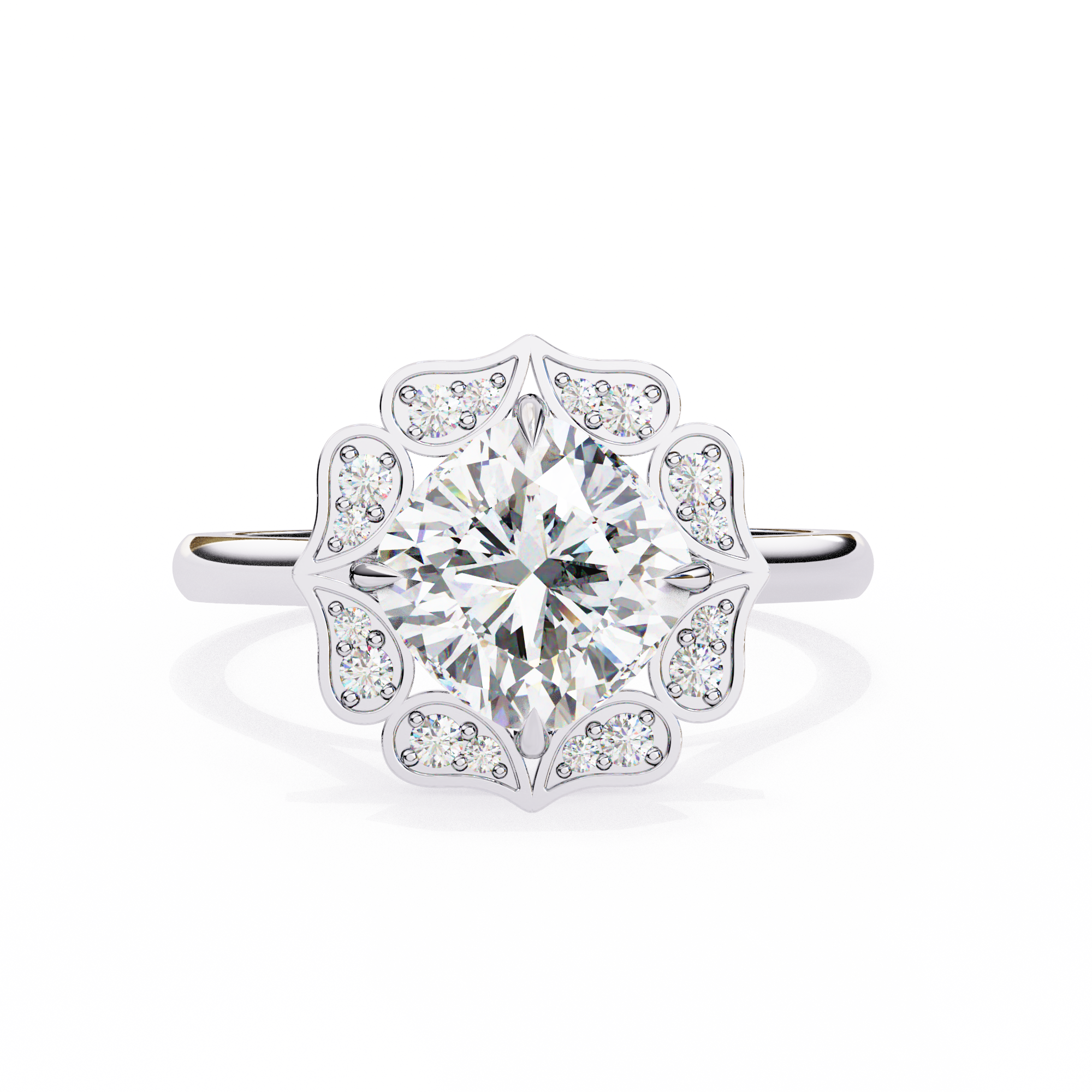 Diamond ring with a floral halo on a white background