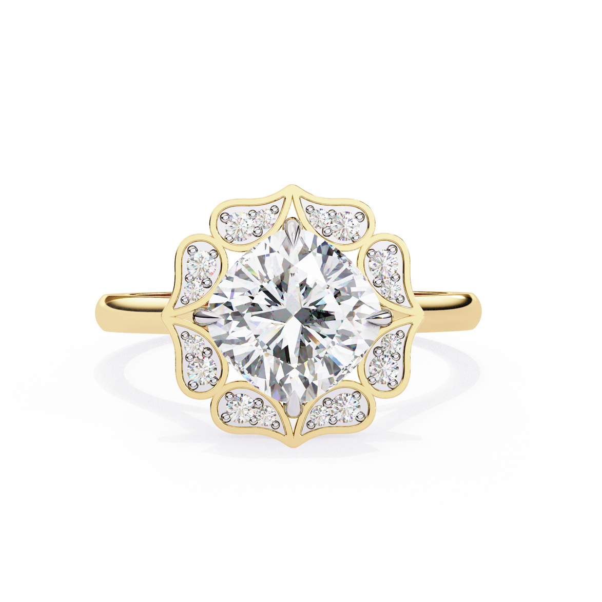 Gold ring with a large diamond and smaller diamonds on the band against a white background