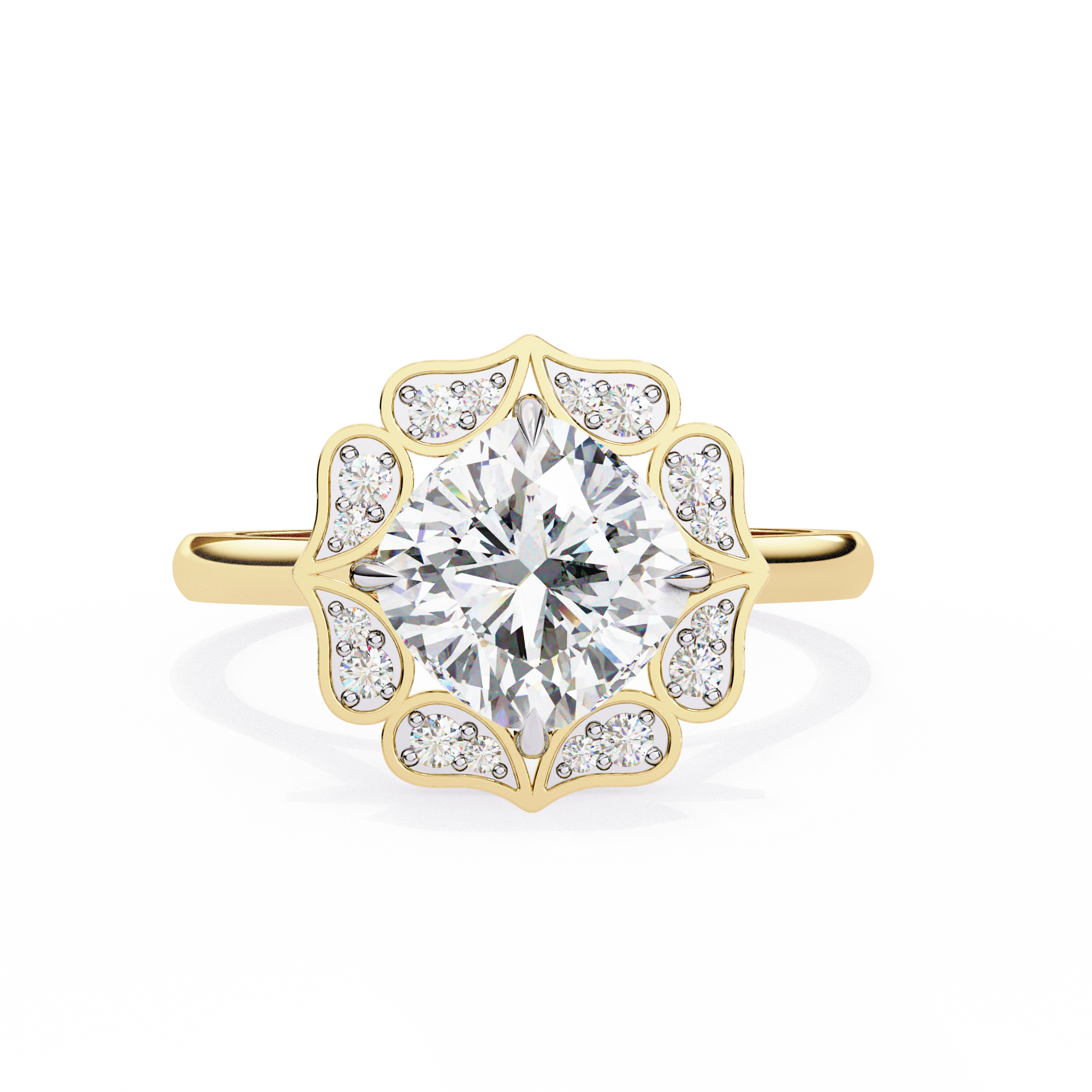 Gold ring with a large diamond and smaller diamonds on the band against a white background