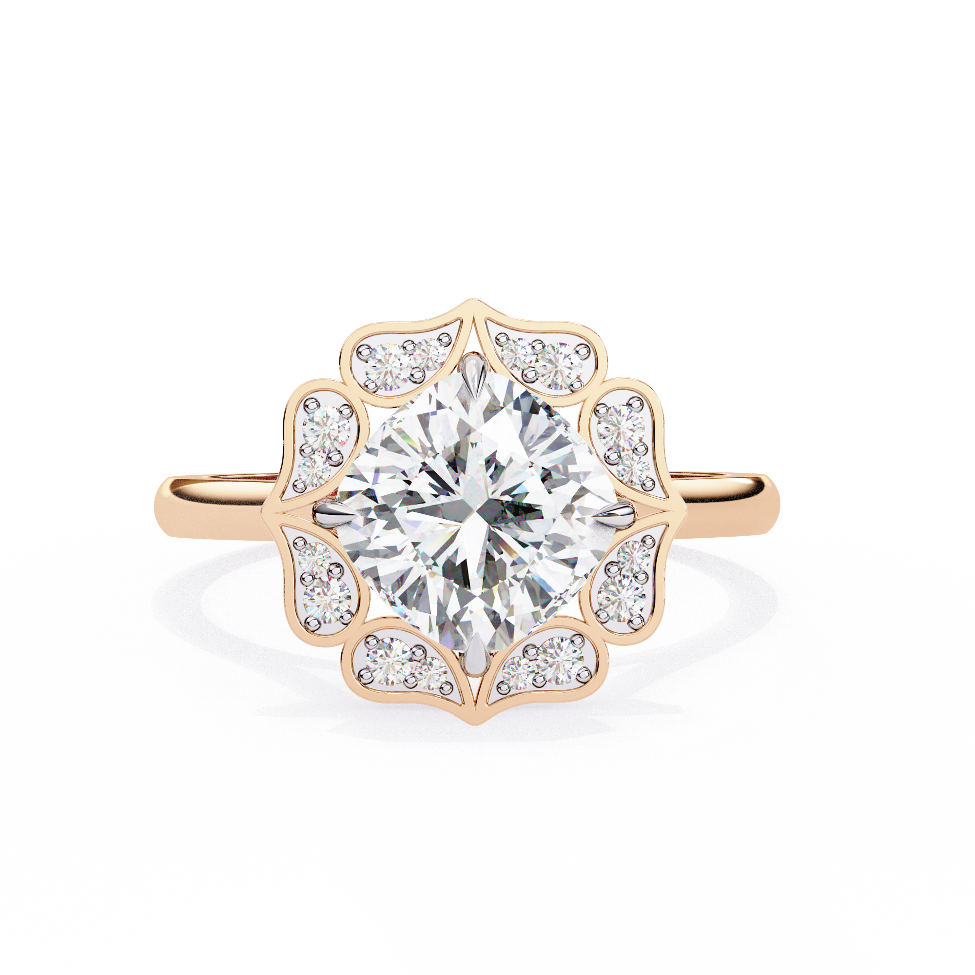 Rose gold ring with a large diamond and smaller diamonds on the band against a white background