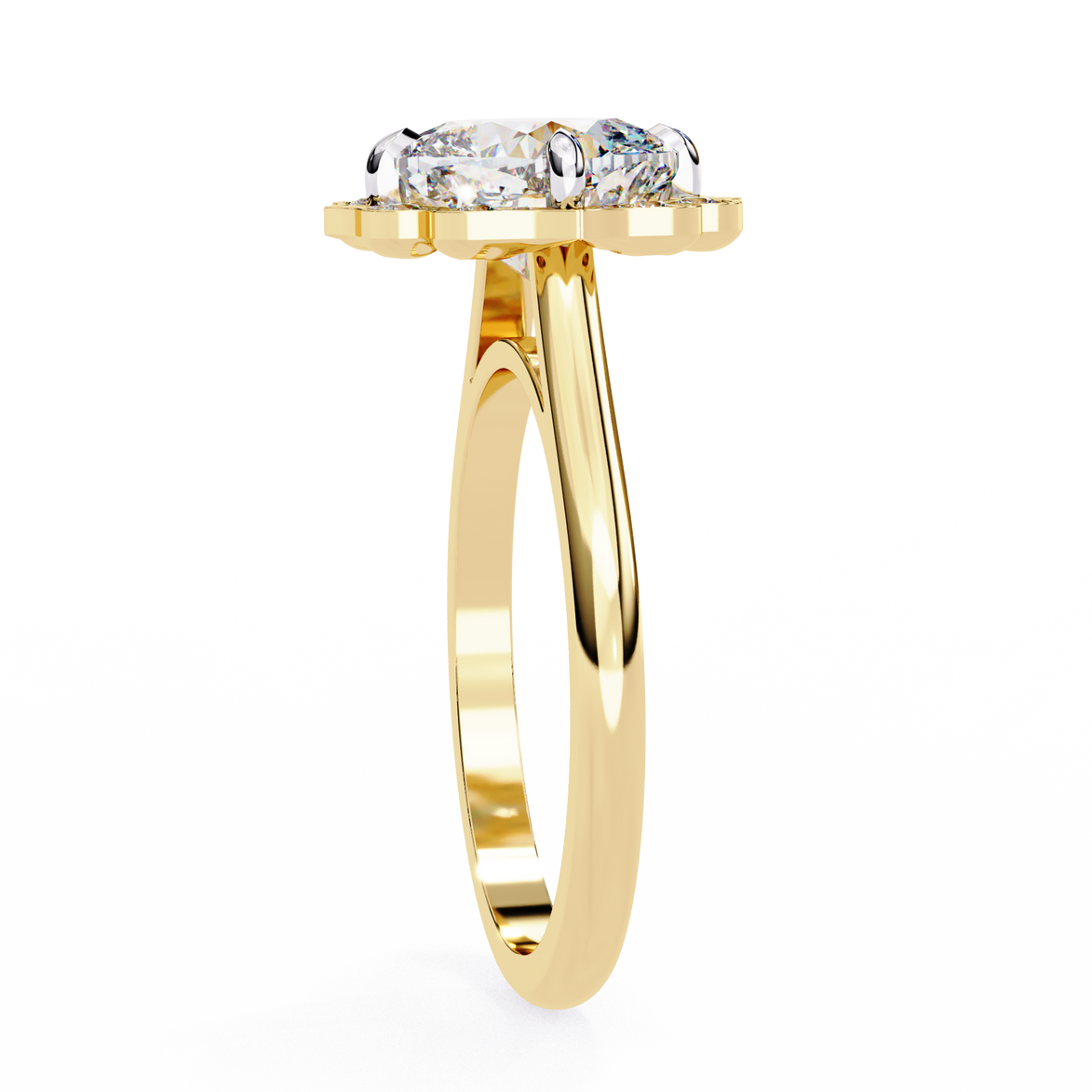 Gold ring with three diamonds on a white background