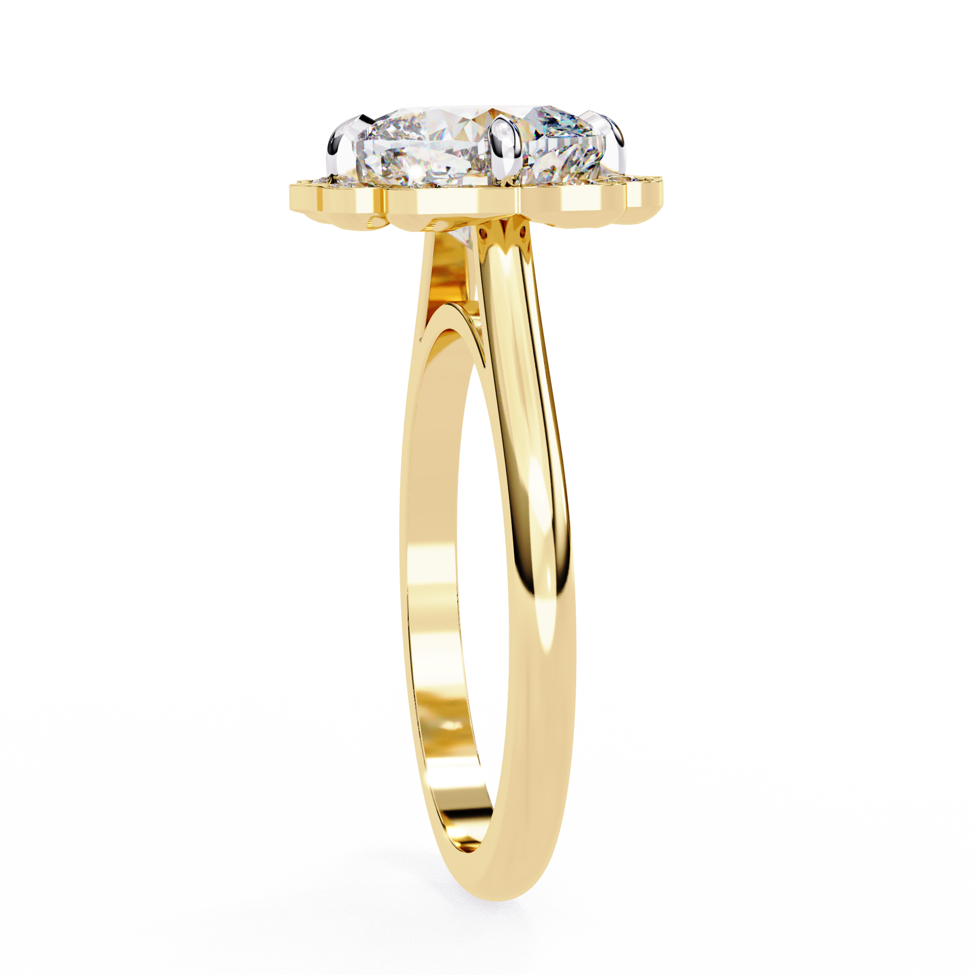 Gold ring with three diamonds on a white background