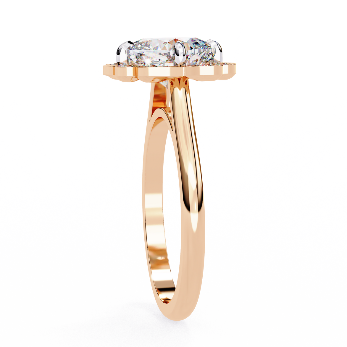 Rose gold ring with three diamonds on a white background