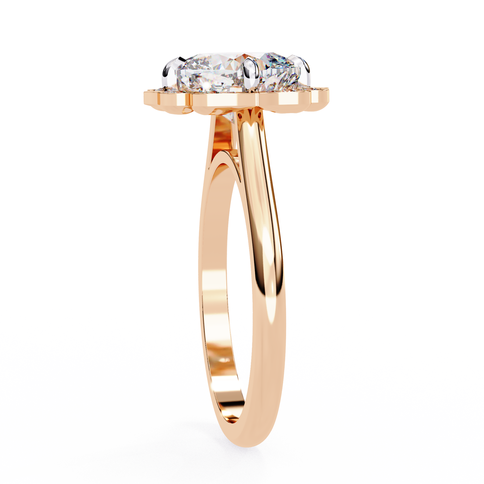 Rose gold ring with three diamonds on a white background