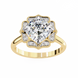 Gold ring with a large diamond and smaller diamonds around on a white background