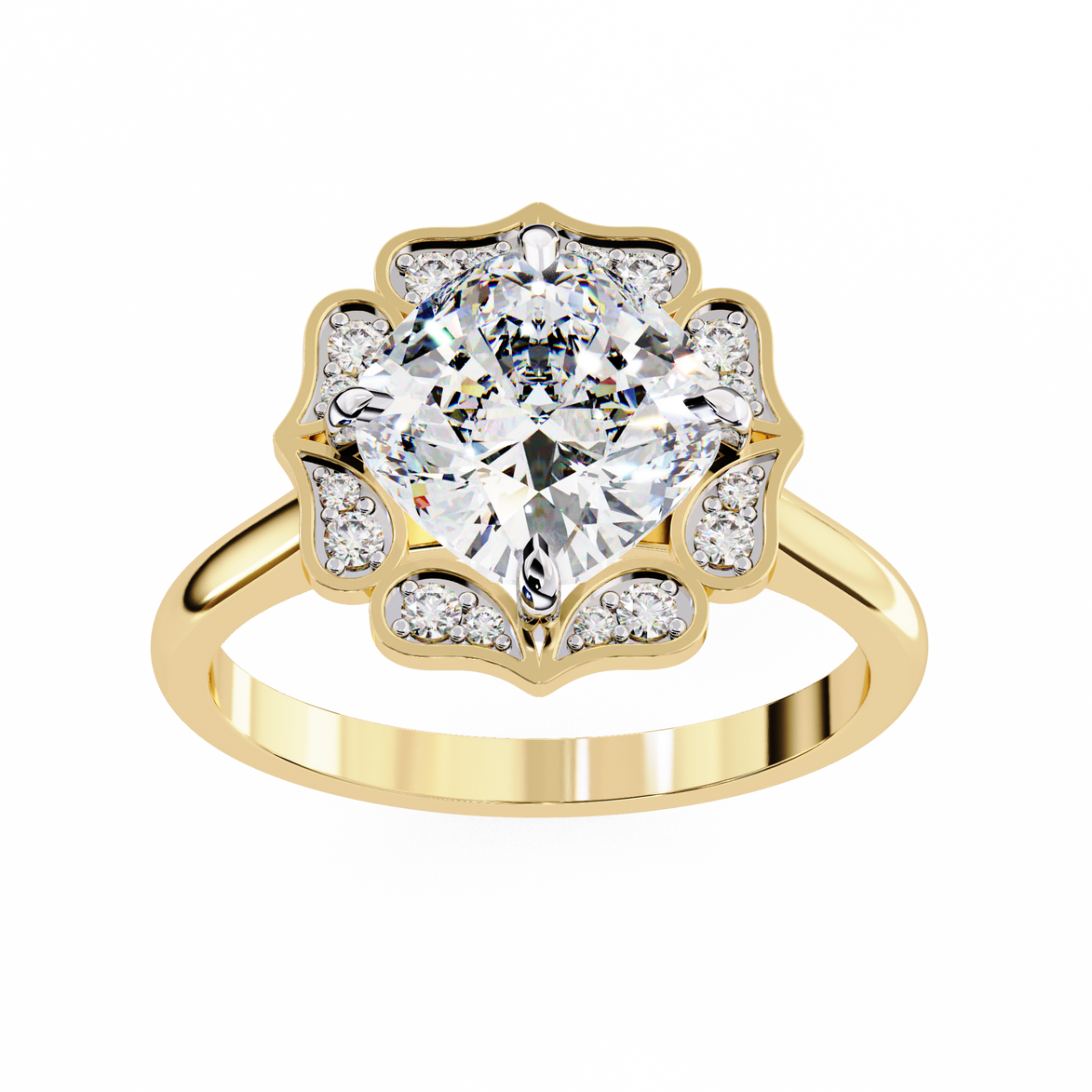 Gold ring with a large diamond and smaller diamonds around on a white background