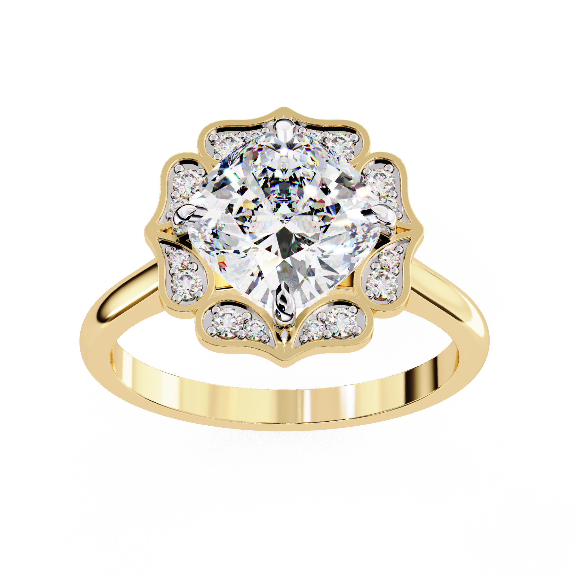 Gold ring with a large diamond and smaller diamonds around on a white background