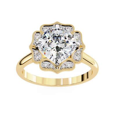Gold ring with a large diamond and smaller diamonds around on a white background