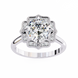 Silver ring with a large central diamond and smaller diamonds around on a white background