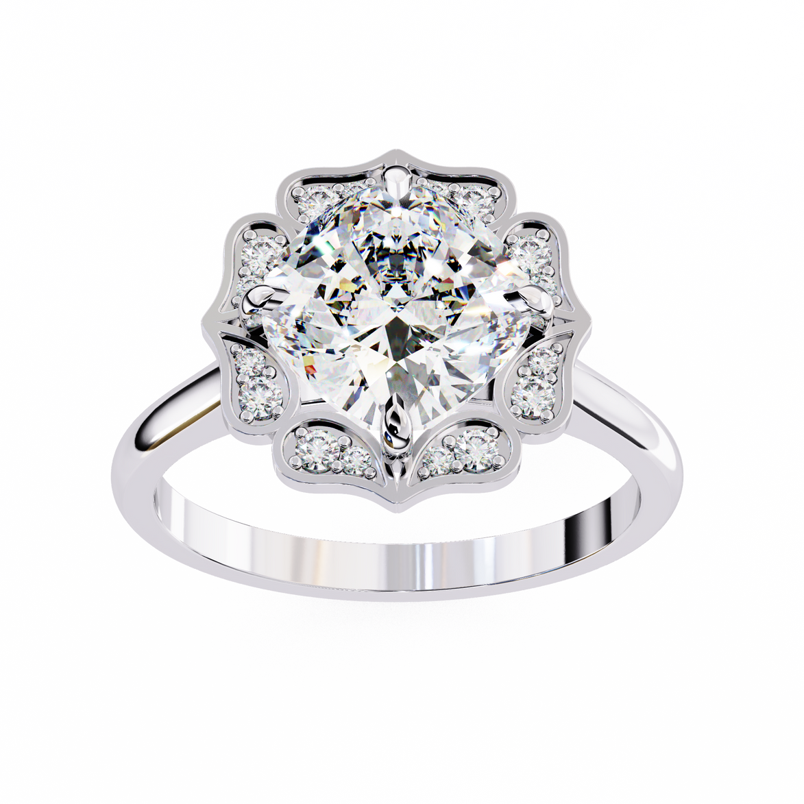Silver ring with a large central diamond and smaller diamonds around on a white background