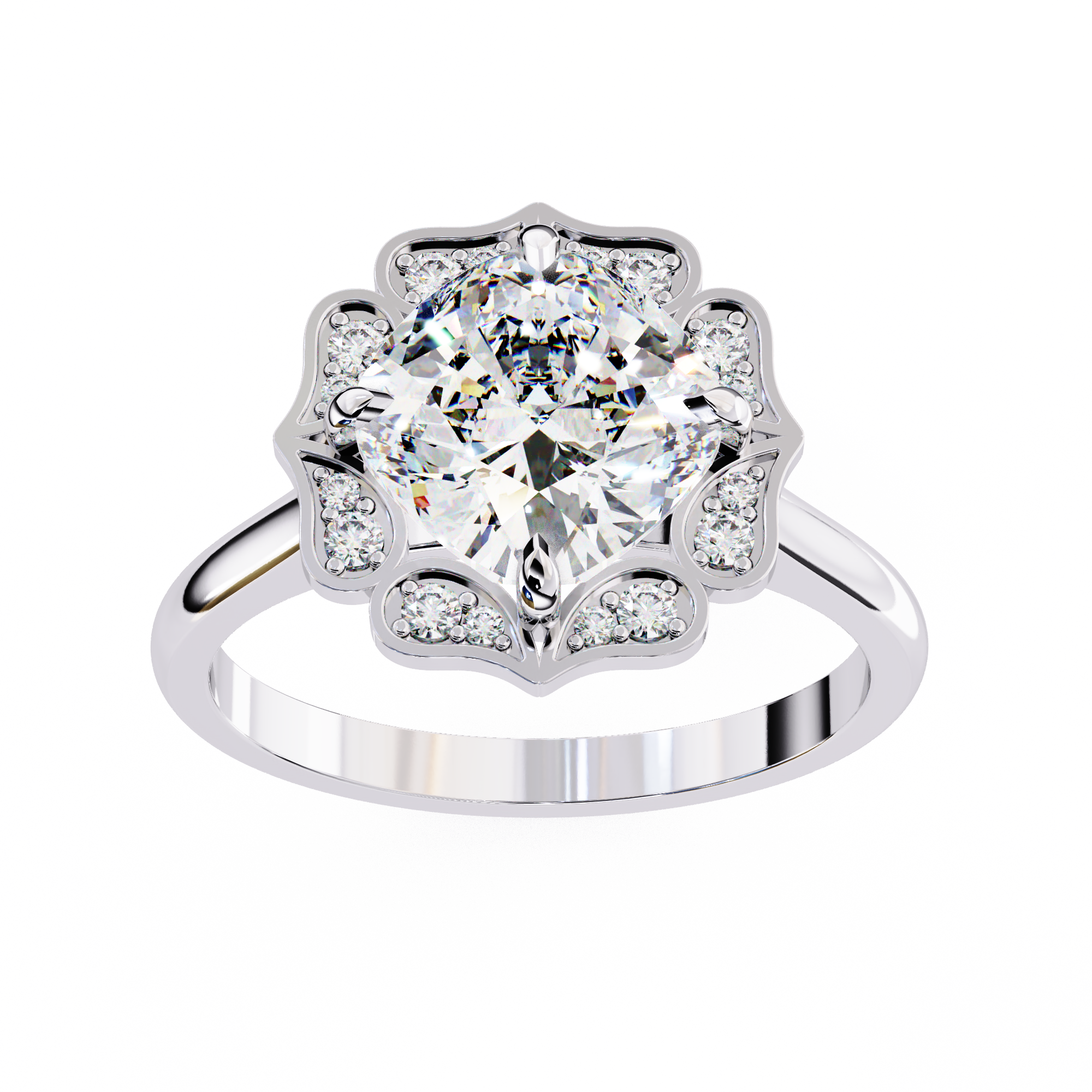 Silver ring with a large central diamond and smaller diamonds around on a white background