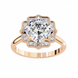 Rose gold ring with a large diamond and smaller diamonds around on a white background