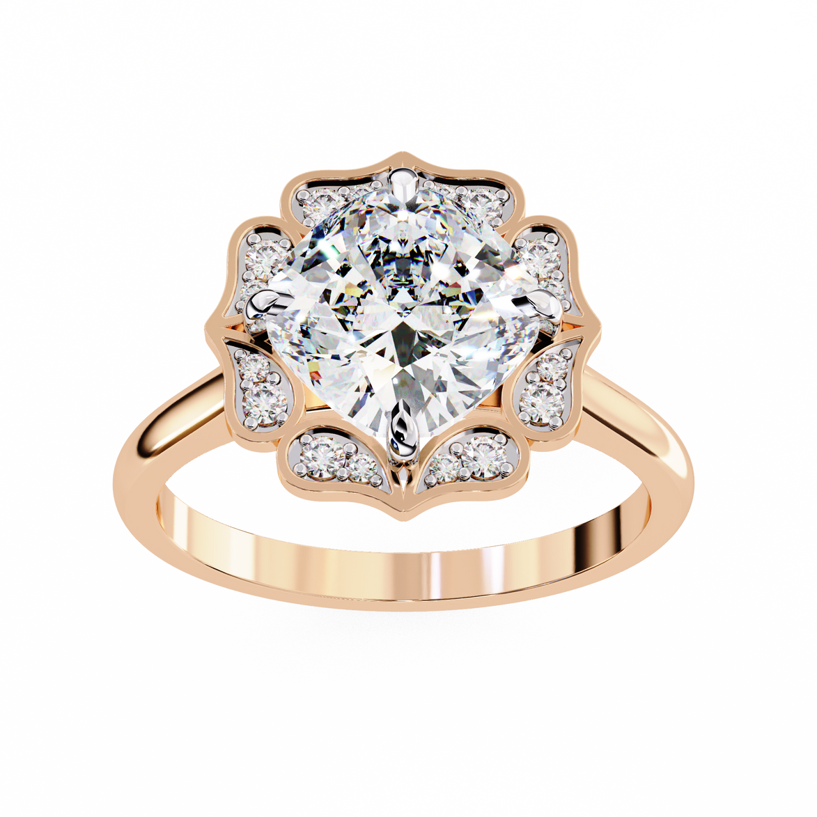 Rose gold ring with a large diamond and smaller diamonds around on a white background