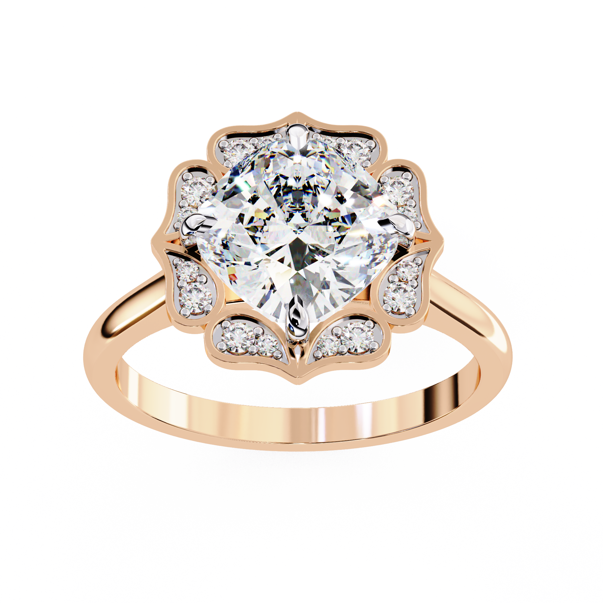 Rose gold ring with a large diamond and smaller diamonds around on a white background