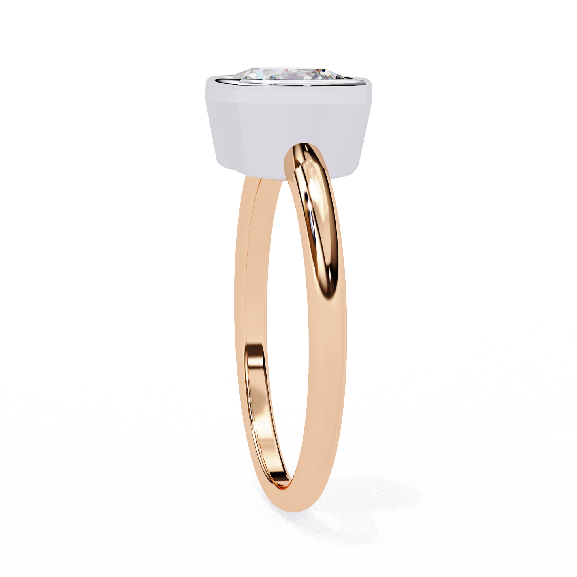 Cushion cut bezel set diamond solitaire engagement ring in yellow gold featuring a sleek modern minimalist design with polished finish.