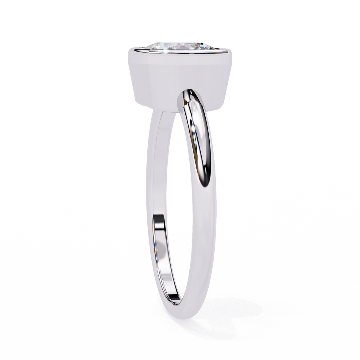 Cushion cut bezel set diamond solitaire engagement ring in yellow gold featuring a sleek modern minimalist design with polished finish.