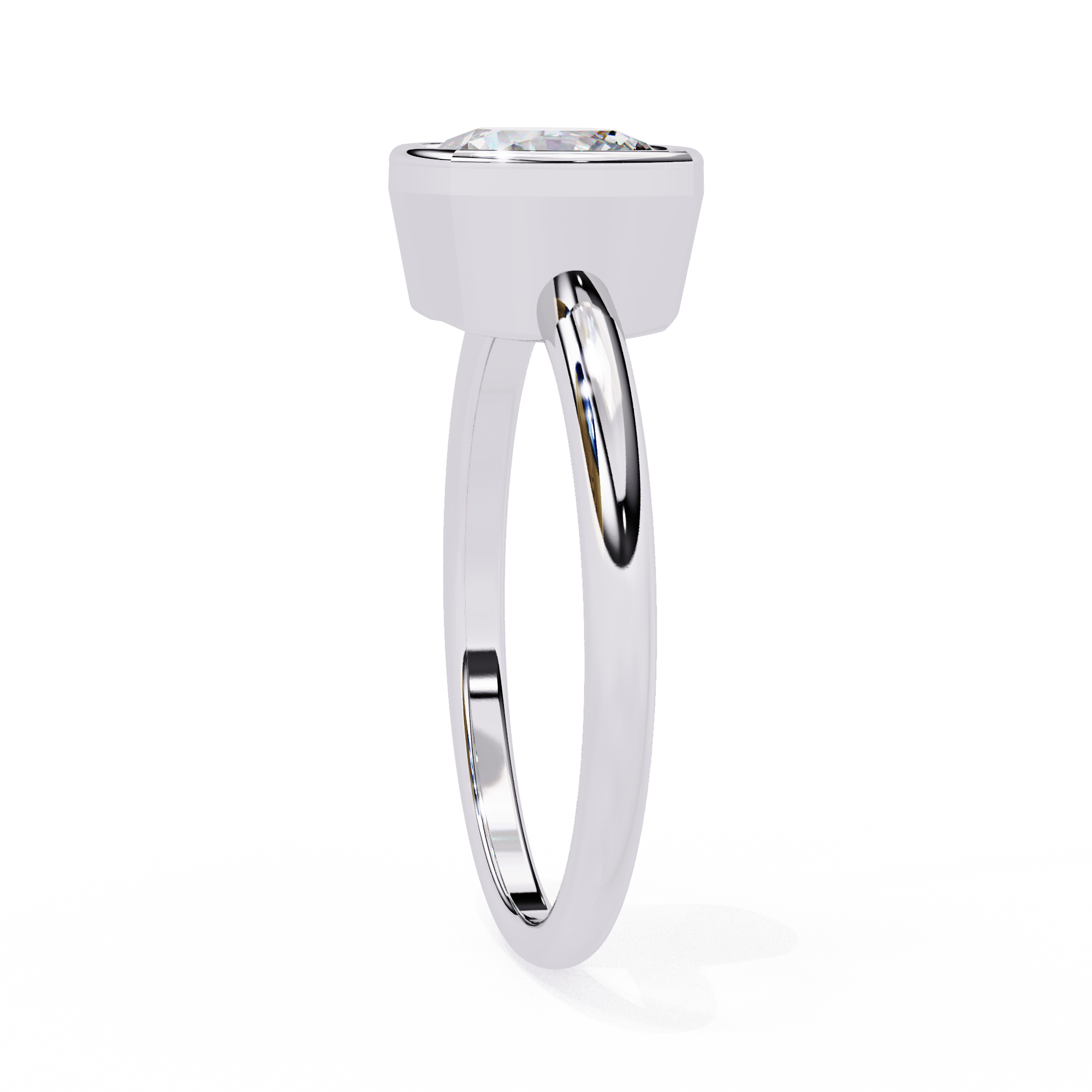 Cushion cut bezel set diamond solitaire engagement ring in yellow gold featuring a sleek modern minimalist design with polished finish.