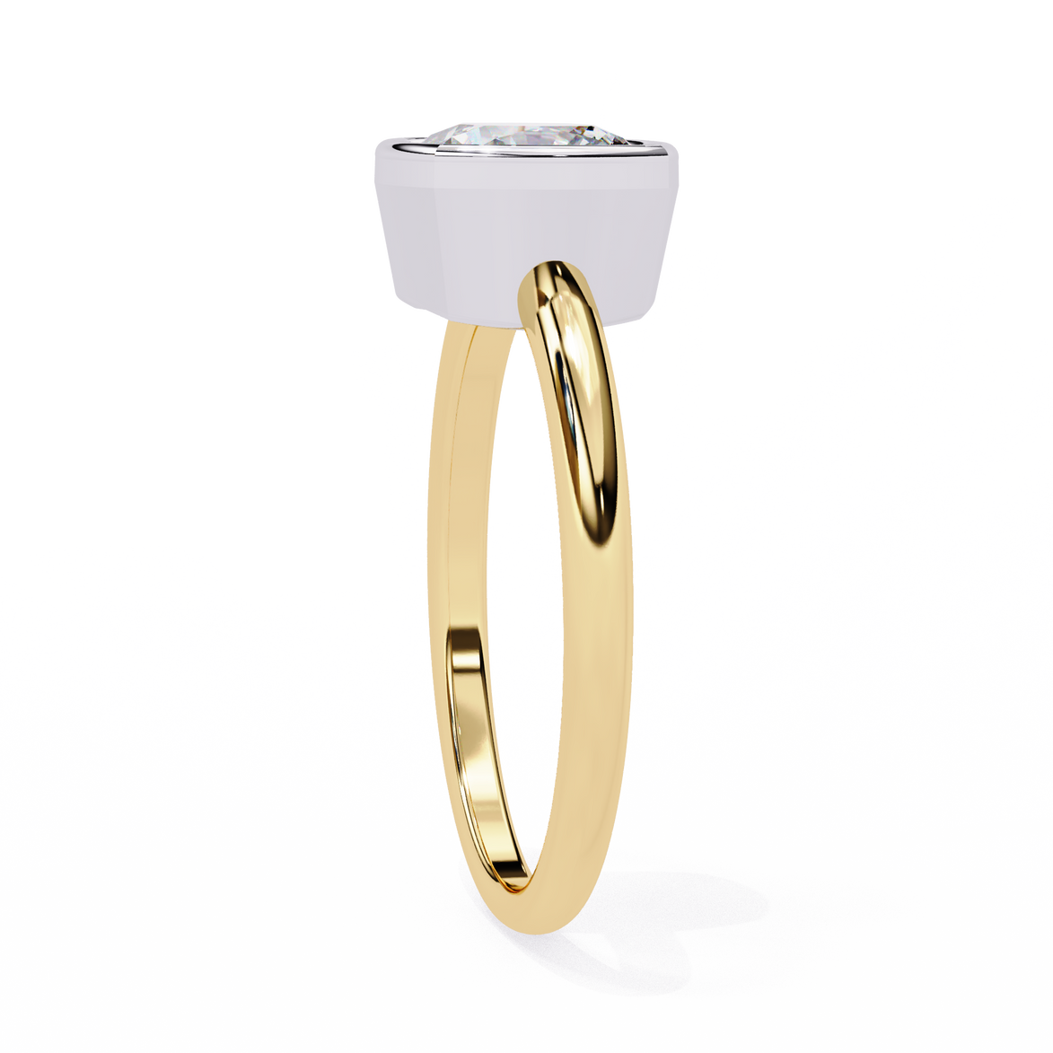 Cushion cut bezel set diamond solitaire engagement ring in yellow gold featuring a sleek modern minimalist design with polished finish.