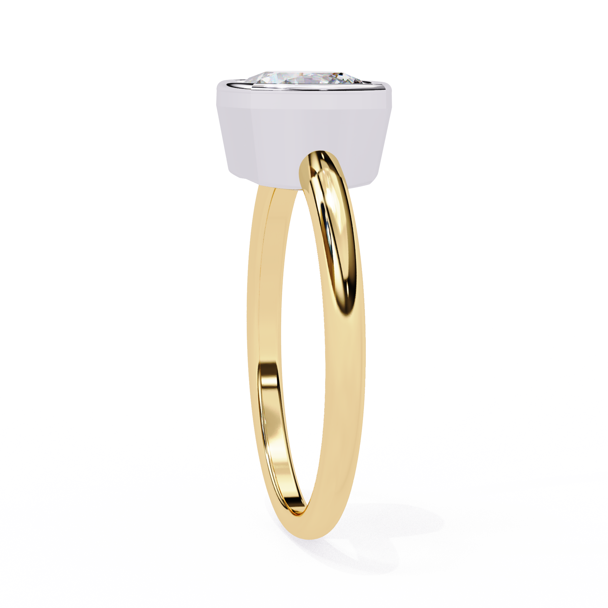 Cushion cut bezel set diamond solitaire engagement ring in yellow gold featuring a sleek modern minimalist design with polished finish.