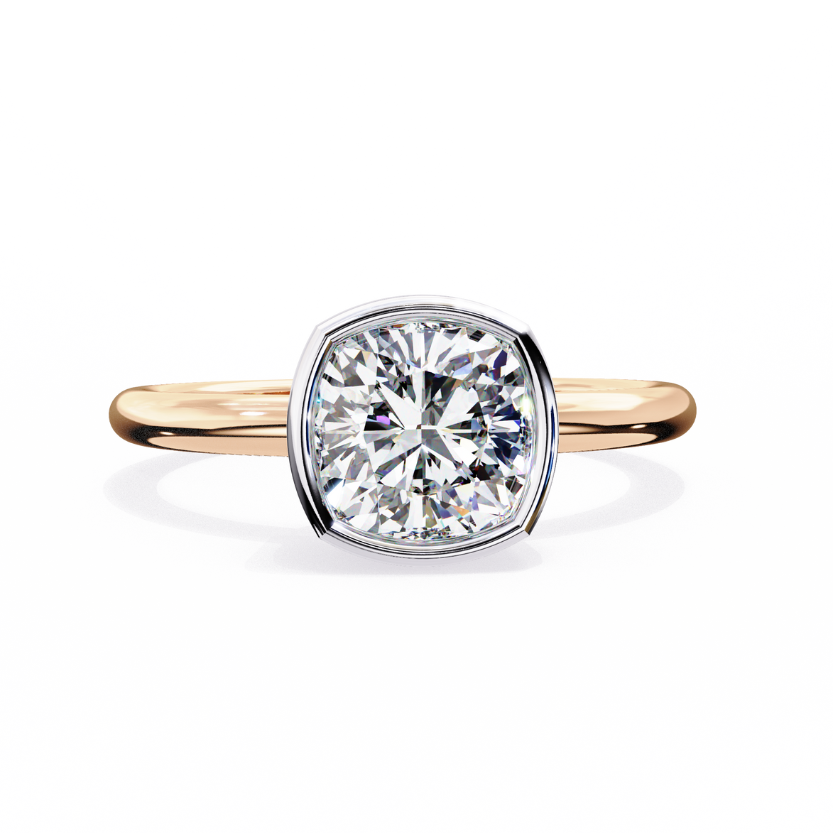 Rose gold ring with a large diamond on a white background